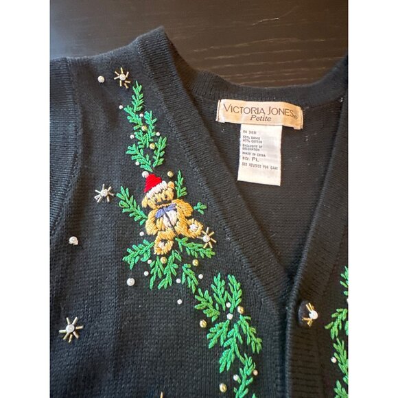 Victoria Jones Petite Holiday Sweater Vest Embroidered Black PL Vintage 80s - Picture 5 of 6